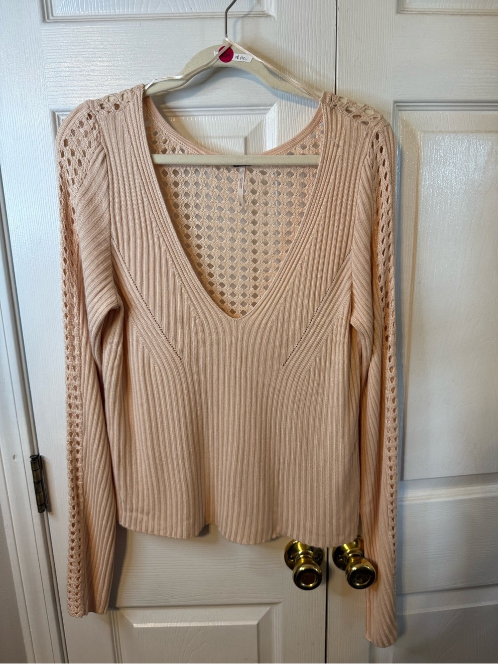 Free People Open-Knit V-Neck Ribbed Sweater Top - Cream